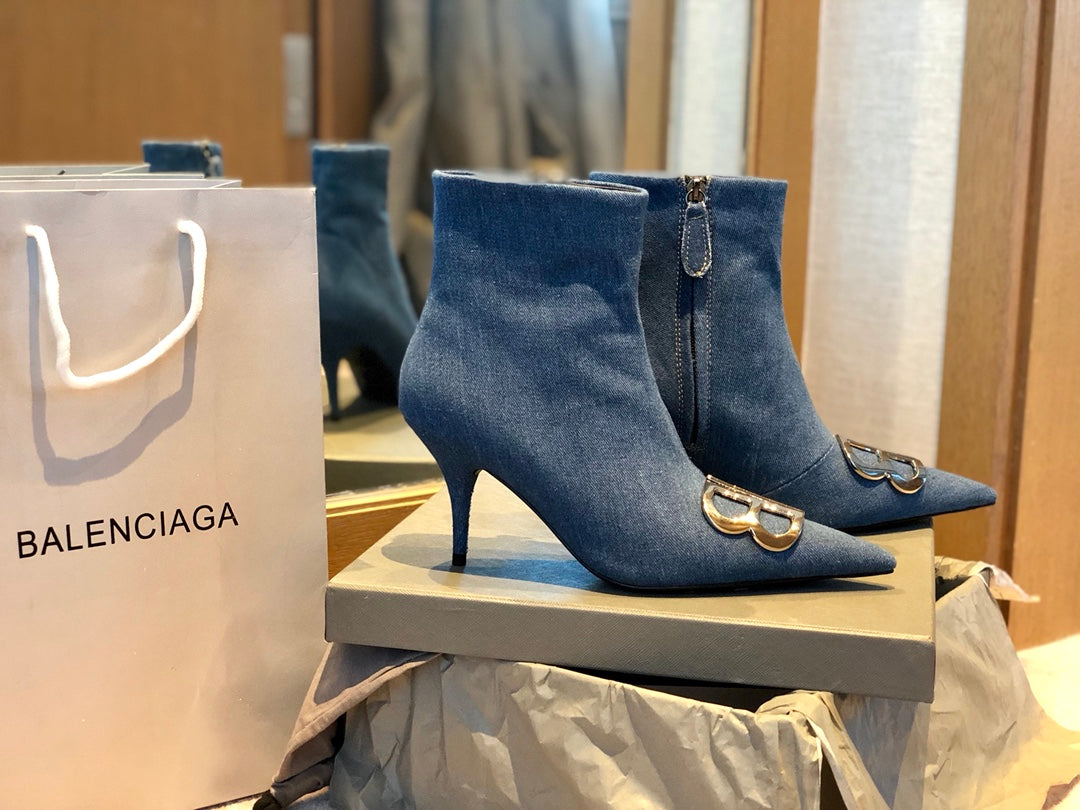 POINTED-TOE HIGH HEEL 80 MM ANKLE BOOTS IN BLUE DENIM