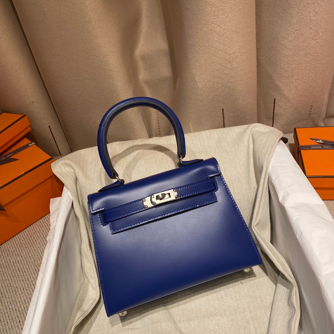 KELLY MINI 20 BAG IN NAVY BLUE SMOOTH CALFSKIN WITH SILVER HARDWARE