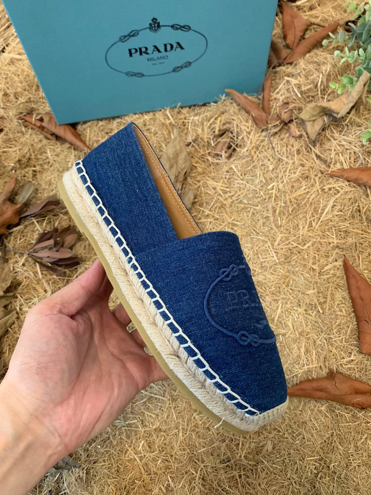PRADA 26S ESPADRILLE FLATS IN BLUE DENIM EMBROIDERED LOGO