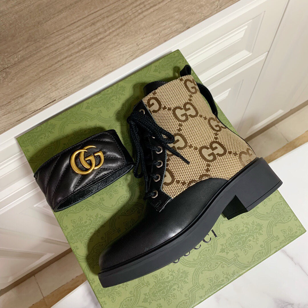 LACE-UP ANKLE BOOTS WITH DOUBLE G BUCKLE IN BEIGE CANVAS AND BLACK SHEEPSKIN