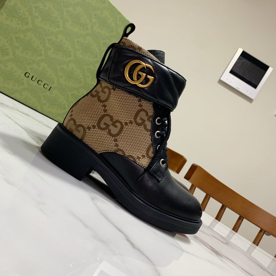 LACE-UP ANKLE BOOTS WITH DOUBLE G BUCKLE IN BEIGE CANVAS AND BLACK SHEEPSKIN