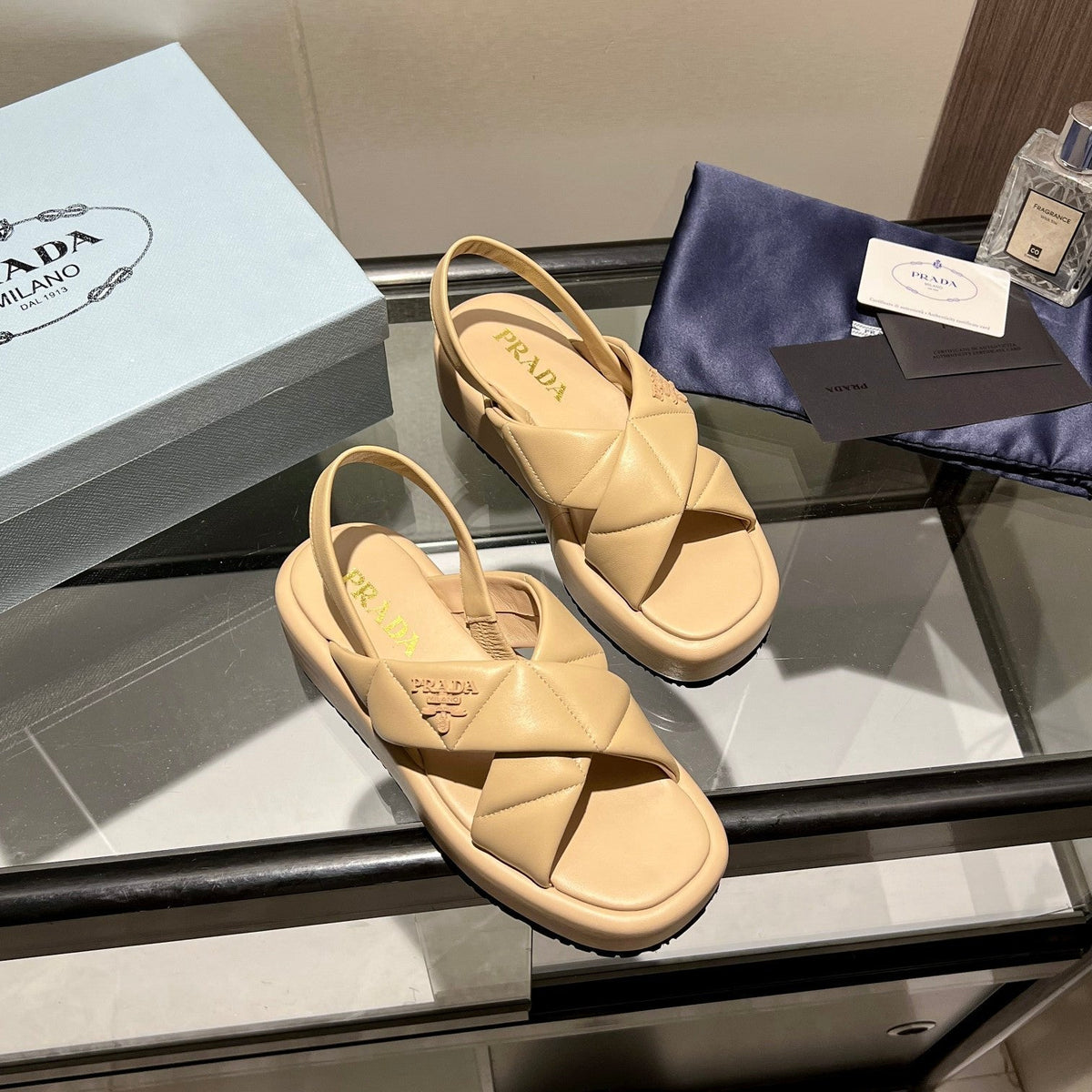 PRA PADDED CRISSCROSS SANDALS BEIGE LAMBSKIN