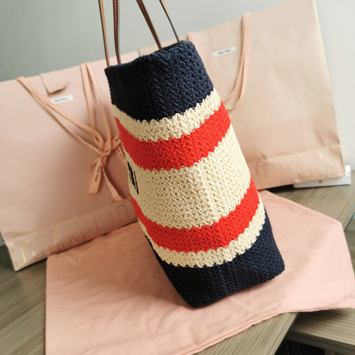 TOTE BAG 40 IN STRIPED PATTERN OF NAVY BLUE RED AND CREAM WHITE WOVEN RAFFIA