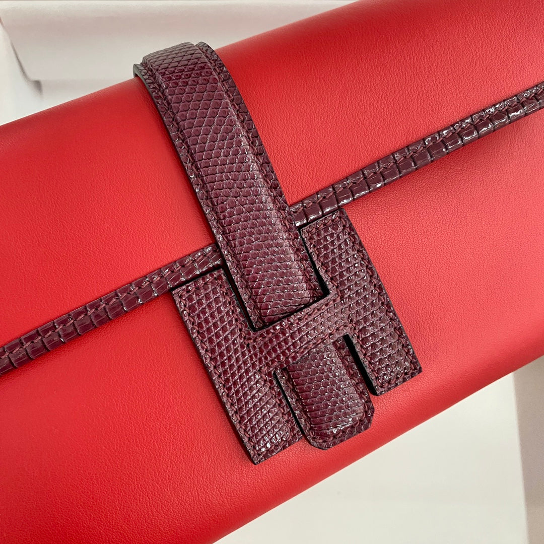 JIGE ELAN 29 CLUTCH IN CANDY RED CALFSKIN WITH WINE RED LIZARD SKIN