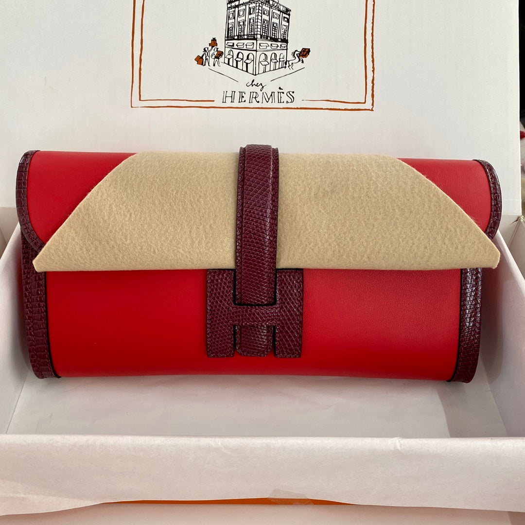 JIGE ELAN 29 CLUTCH IN CANDY RED CALFSKIN WITH WINE RED LIZARD SKIN