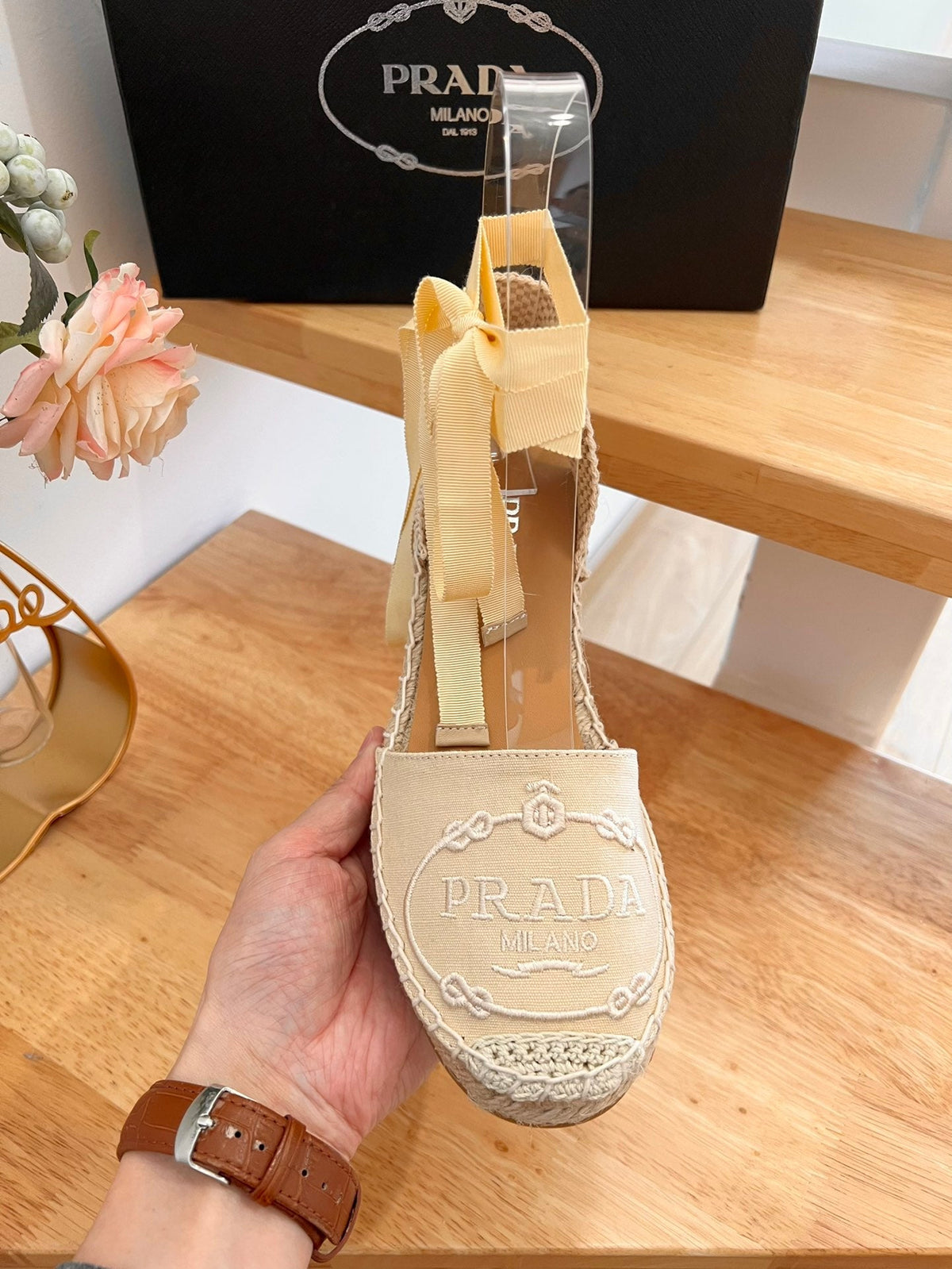 PRADA 26S ESPADRILLE HIGH HEEL SANDALS IN BEIGE CANVAS WITH LOGO