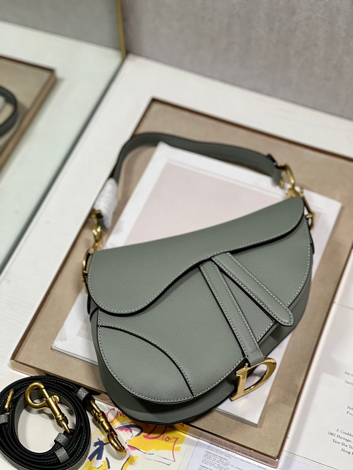 DIOR 26S SADDLE BAG 25 IN STONE GREY CALFSKIN