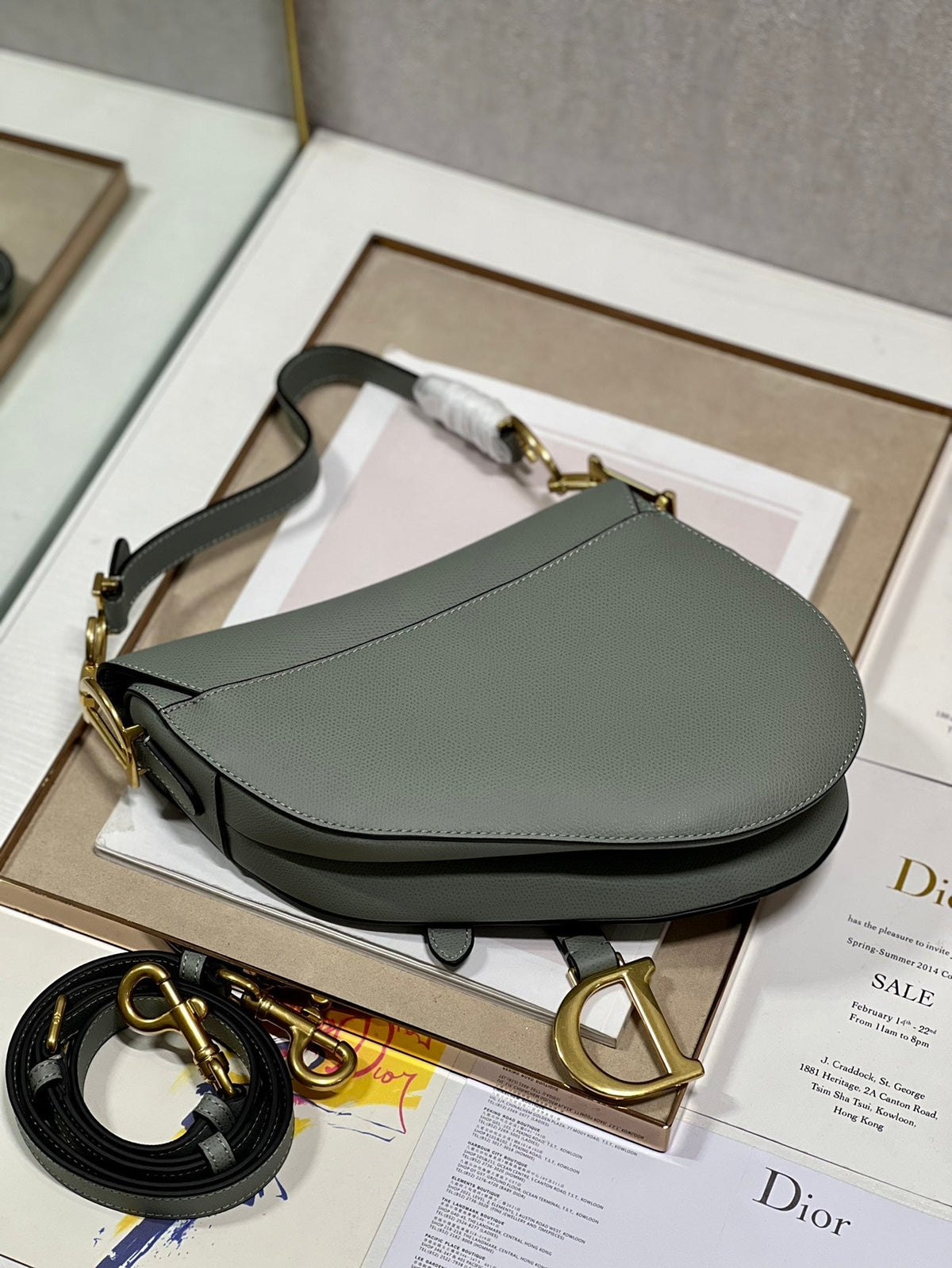 DIOR 26S SADDLE BAG 25 IN STONE GREY CALFSKIN
