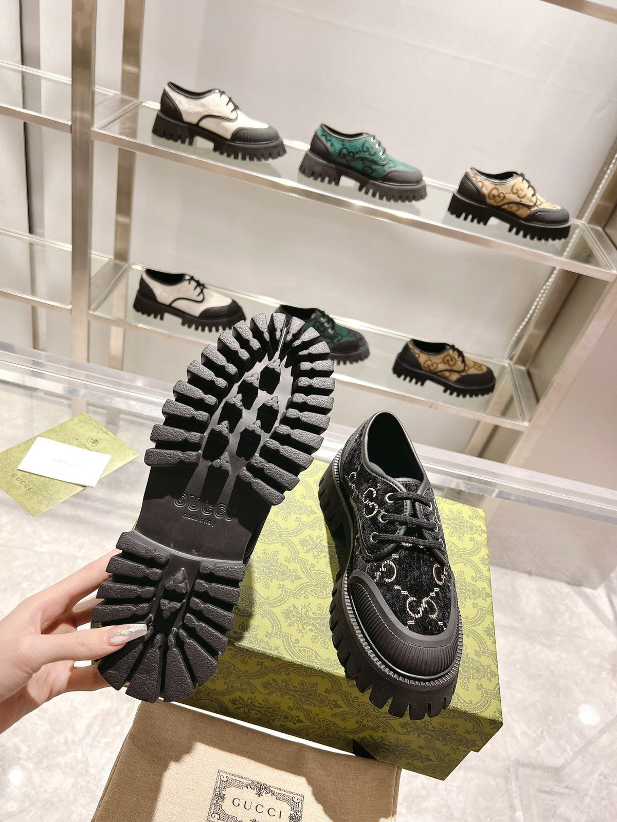 GUCCI 26S LACE-UP SHOES IN BLACK VELVET WITH GG LOGO PATTERN