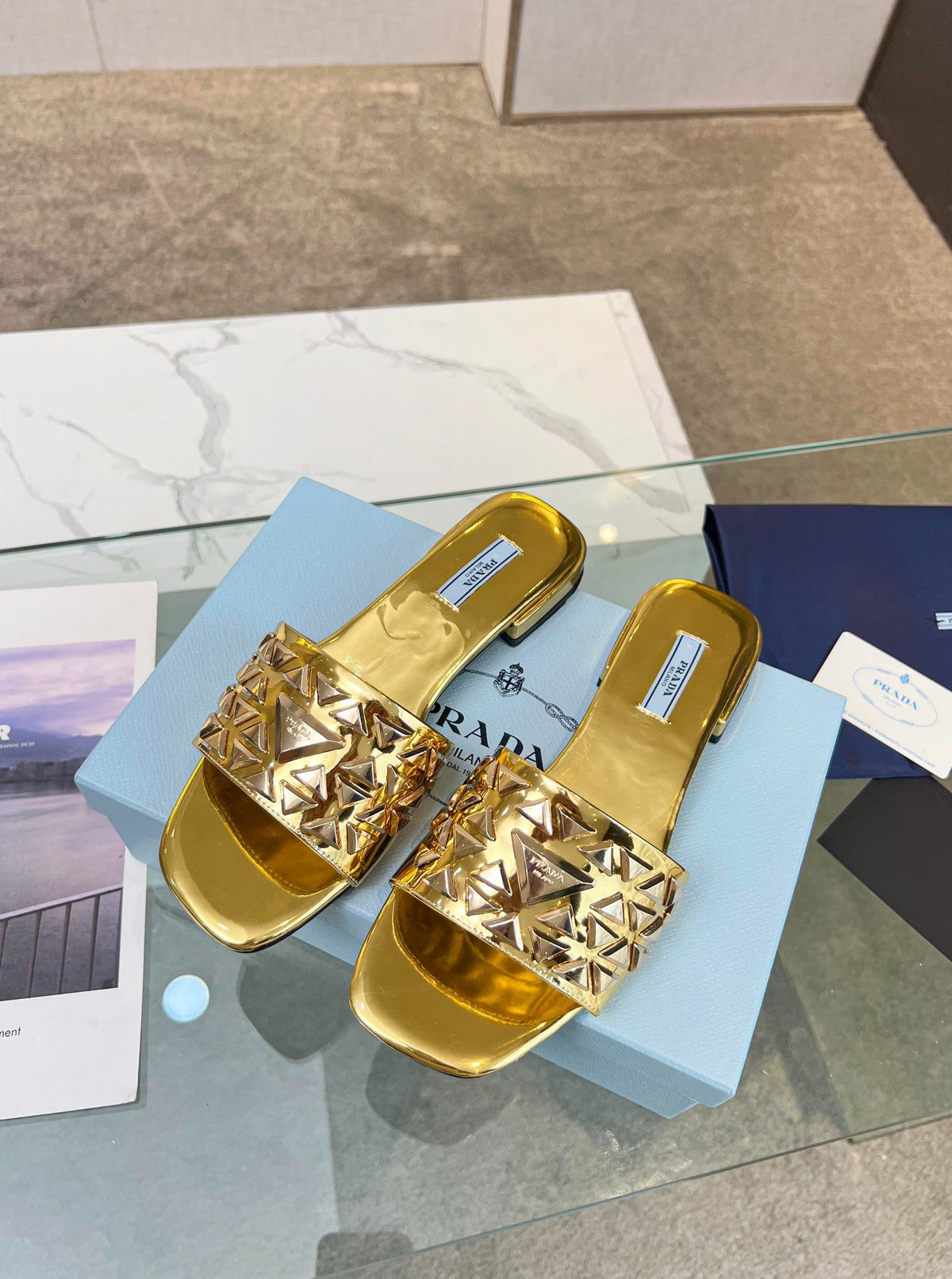 PRA EMBROIDERED SLIDES FLAT METALLIC GOLD CALFSKIN
