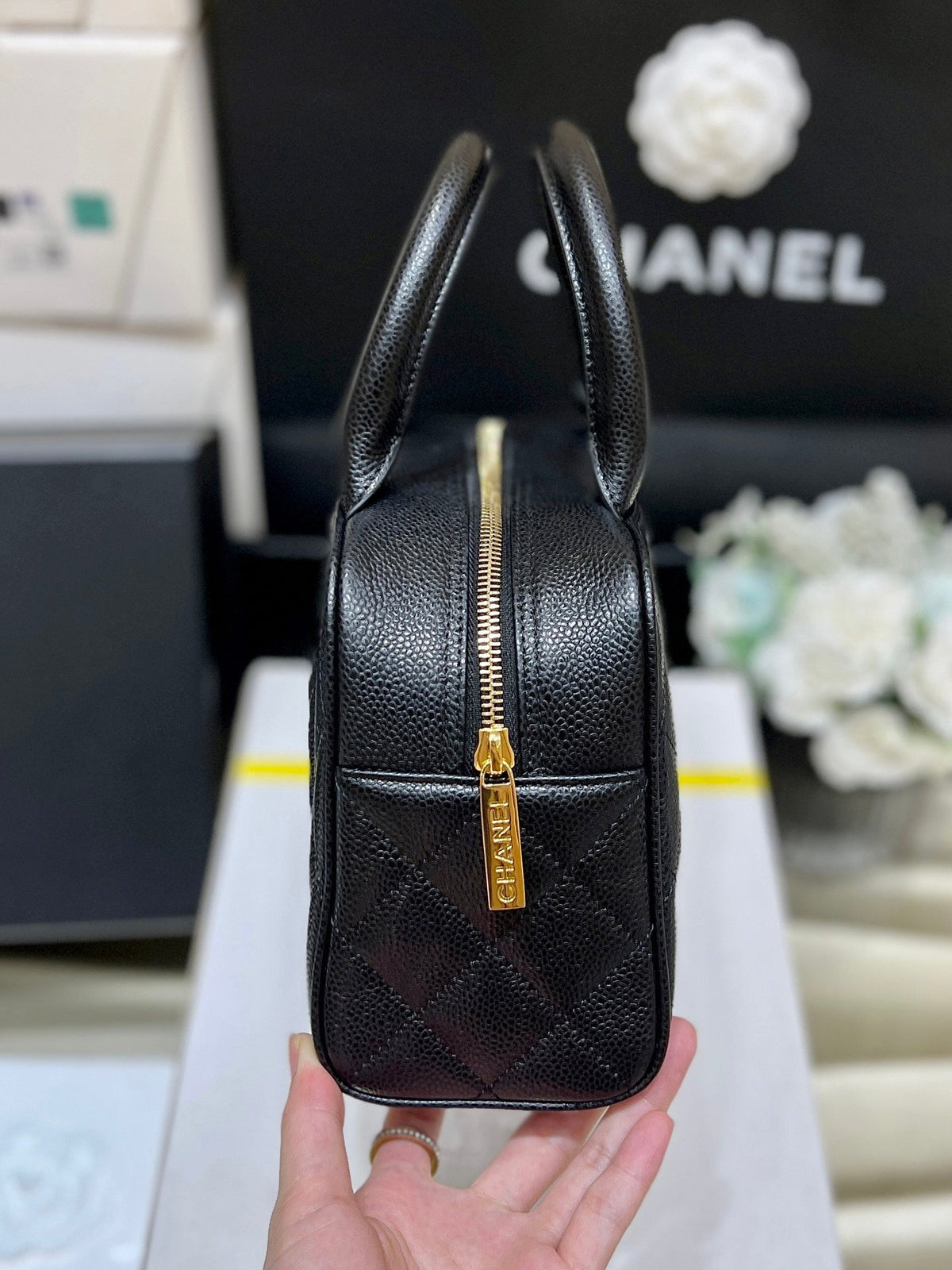 25S CHANEL QUILTED CAVIAR BOWLING BAG 27 IN BLACK CALFSKIN
