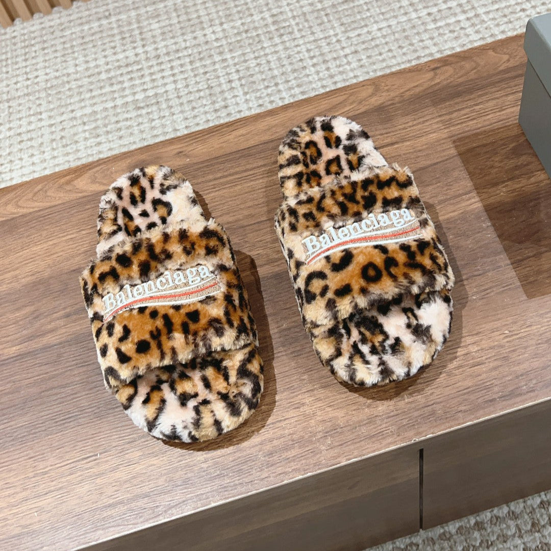FURRY SLIDES IN LEOPARD PRINT RABBIT FUR