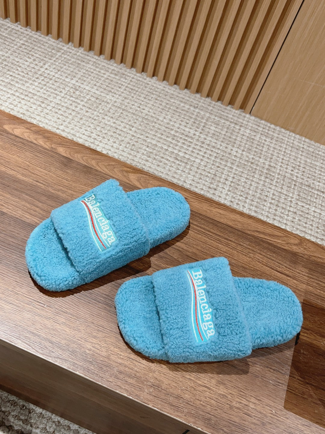 FURRY SLIDES IN SKY BLUE CURLY SHEARLING