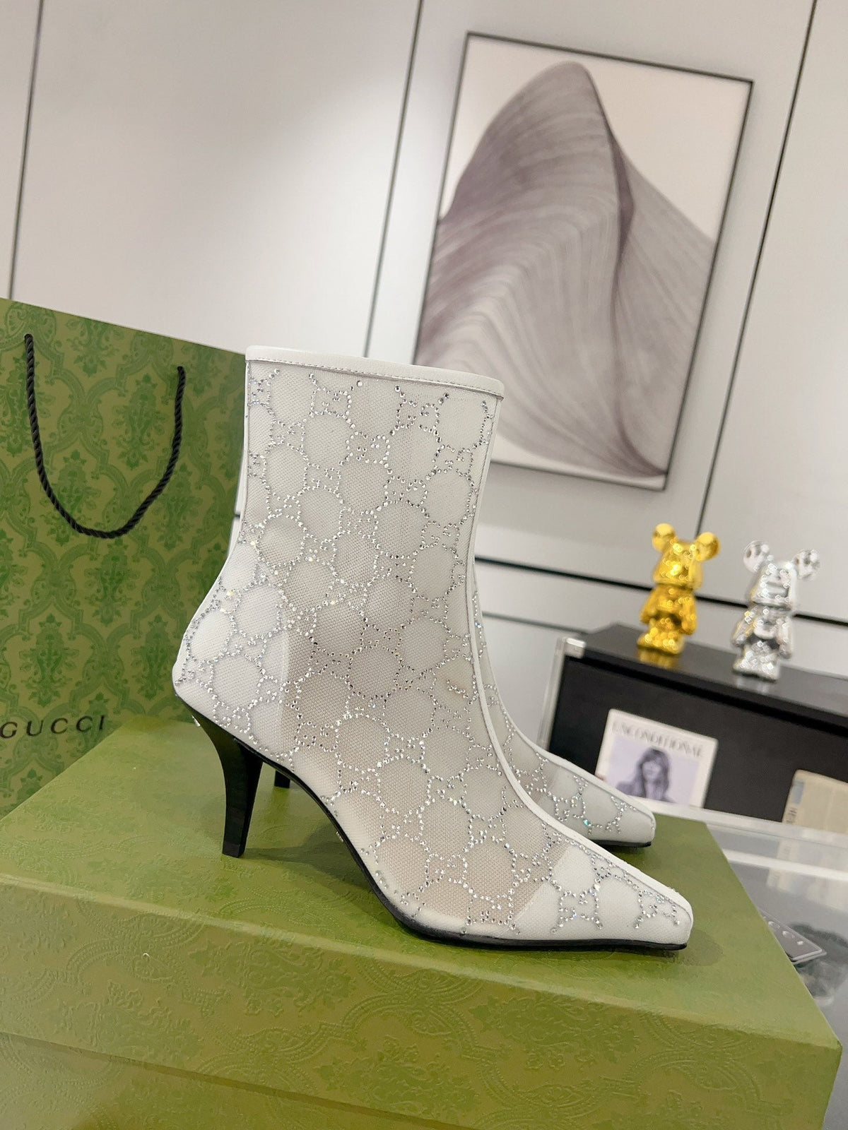 ANKLE BOOTS IN WHITE MESH AND SHEEPSKIN WITH GG CRYSTALS