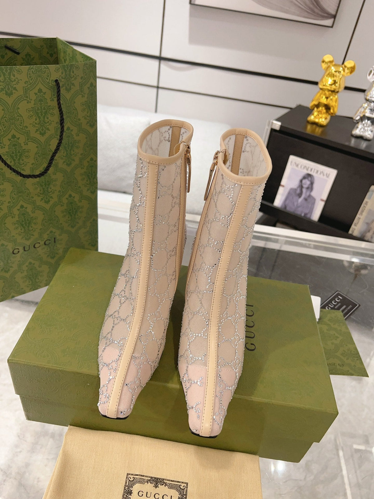 ANKLE BOOTS IN BEIGE MESH AND SHEEPSKIN WITH GG CRYSTALS