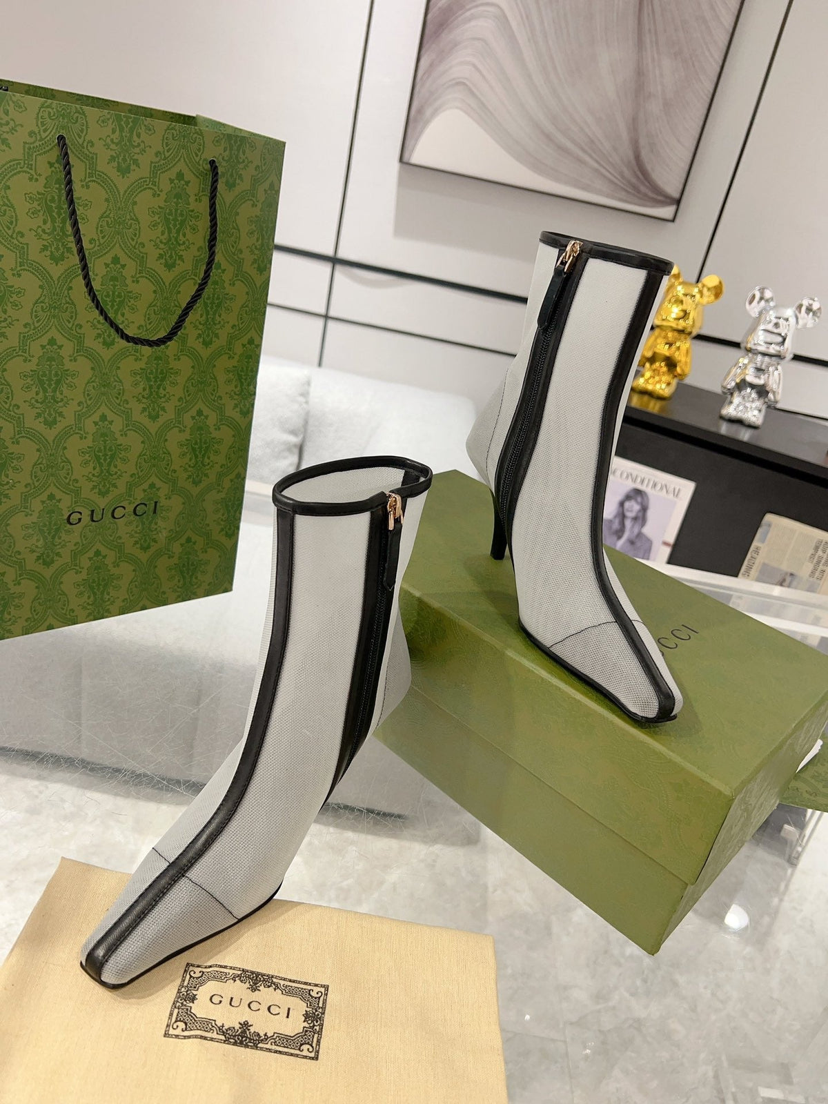 GG ANKLE BOOTS IN WHITE MIX BLACK MESH AND SHEEPSKIN