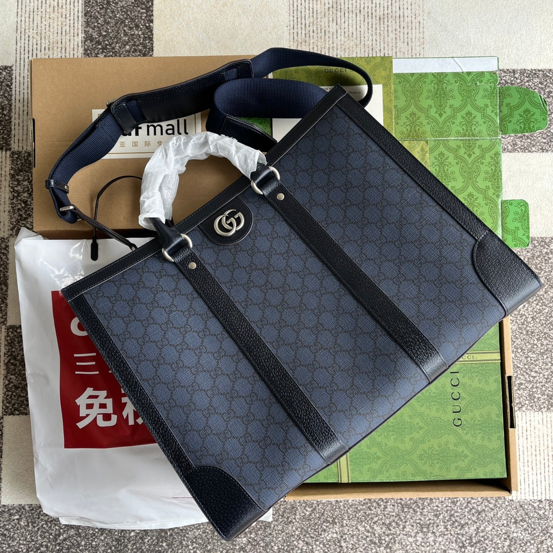 OPHIDIA LARGE TOTE BAG 43 IN DARK BLUE AND BLACK GG CALFSKIN