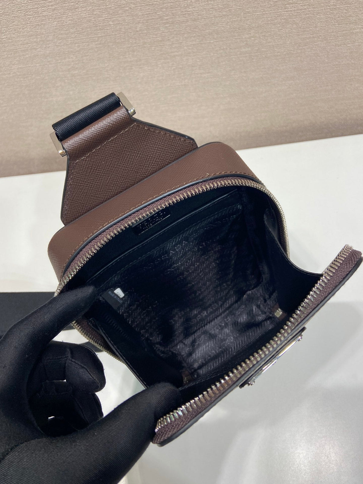 CHEST BAG 20 IN CHOCOLATE SAFFIANO LEATHER