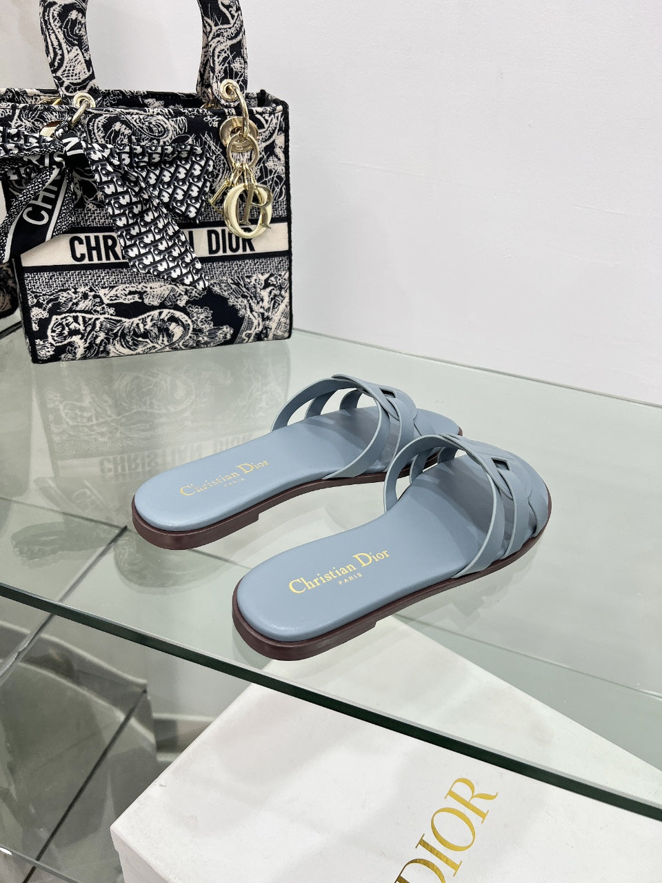 DIOR 26S D-CLUB SLIDE SANDAL IN LIGHT BLUE CALFSKIN