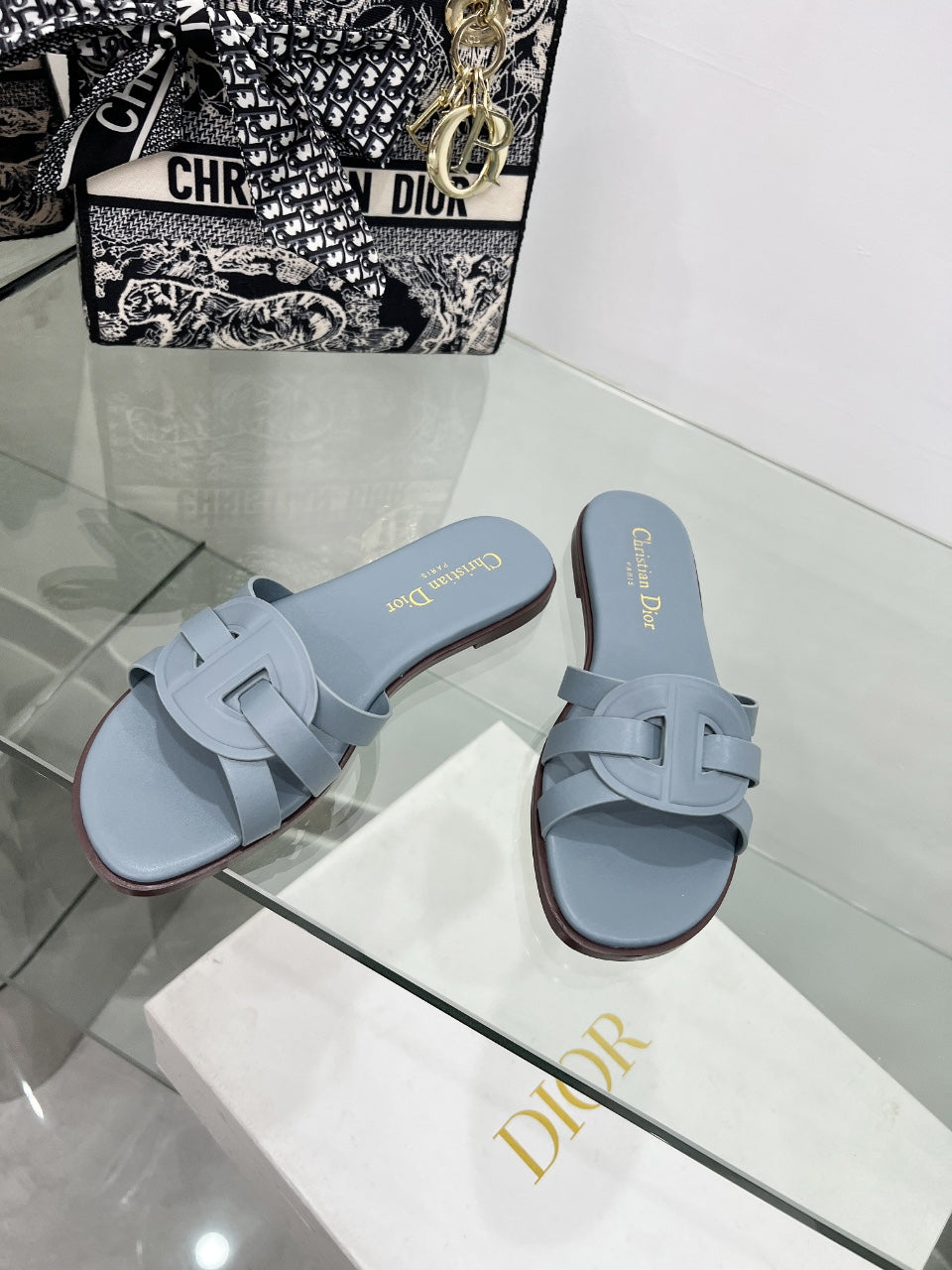 DIOR 26S D-CLUB SLIDE SANDAL IN LIGHT BLUE CALFSKIN