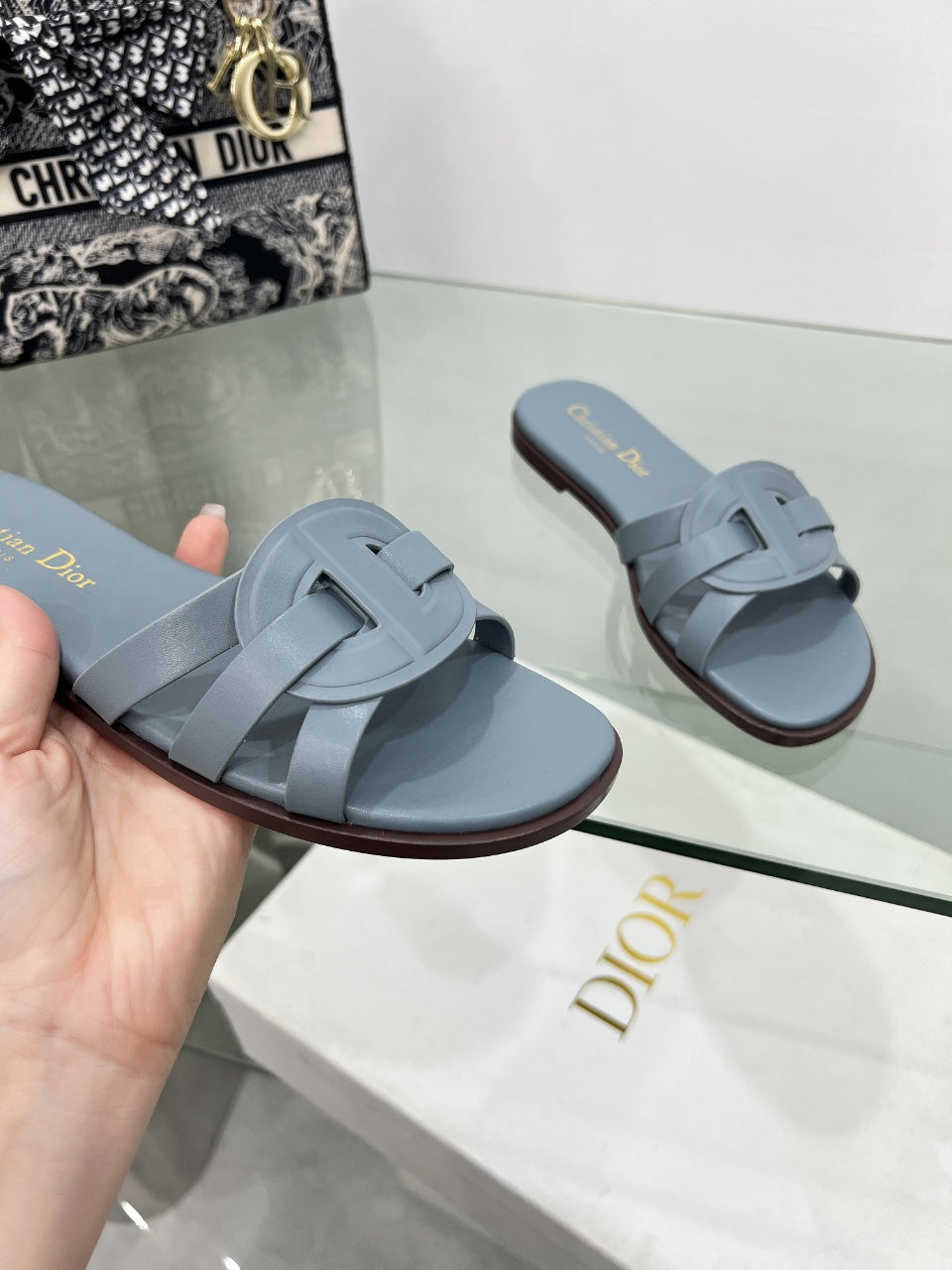 DIOR 26S D-CLUB SLIDE SANDAL IN LIGHT BLUE CALFSKIN