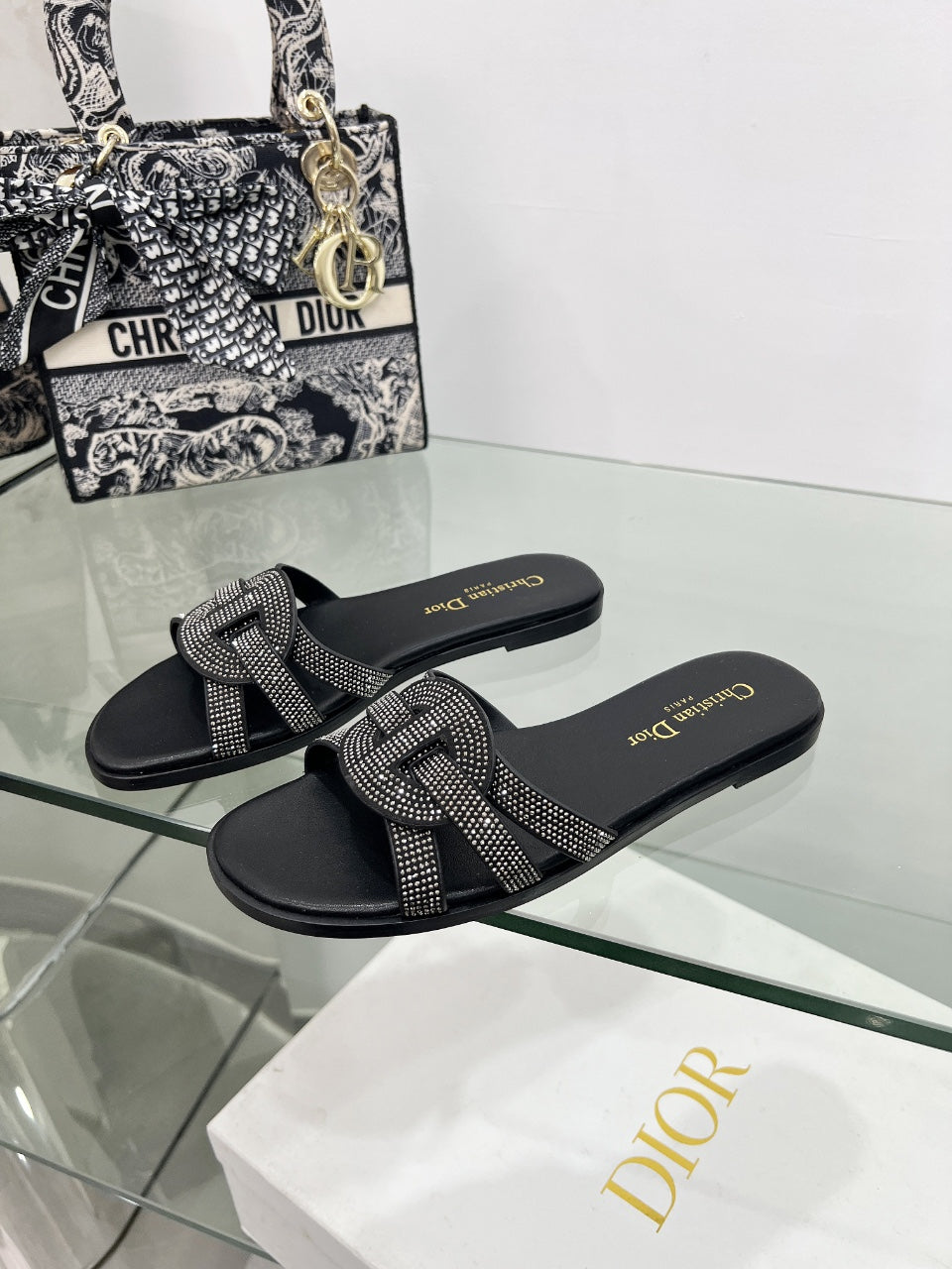 DIOR 26S D-CLUB SLIDE SANDAL IN BLACK CRYSTAL-EMBELLISHED CALFSKIN