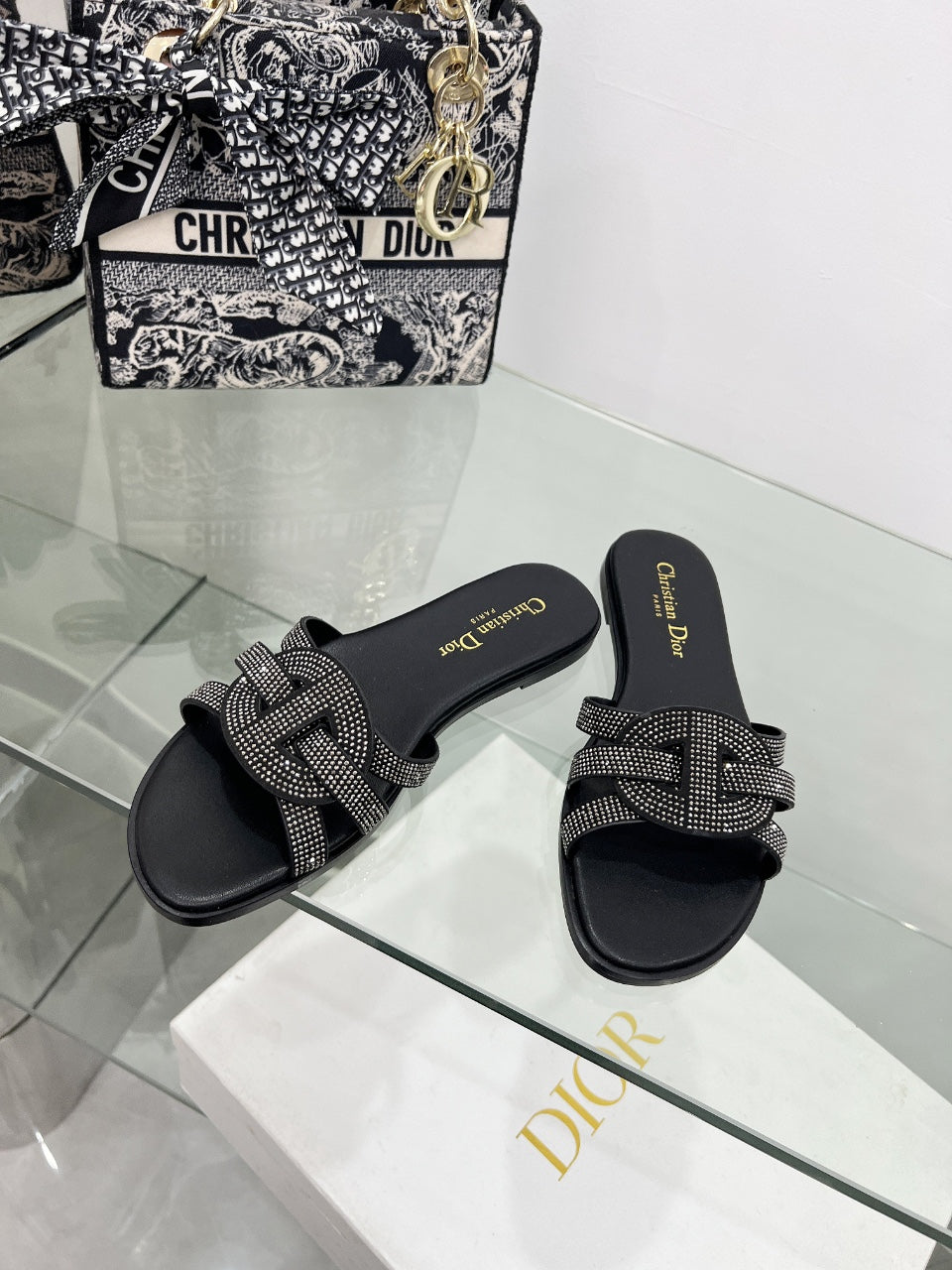 DIOR 26S D-CLUB SLIDE SANDAL IN BLACK CRYSTAL-EMBELLISHED CALFSKIN