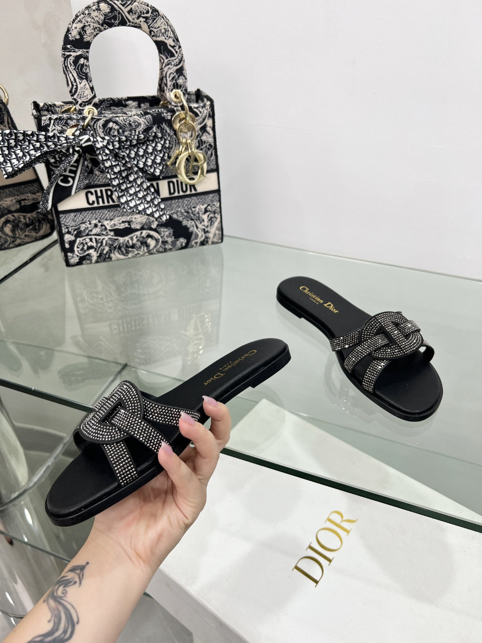 DIOR 26S D-CLUB SLIDE SANDAL IN BLACK CRYSTAL-EMBELLISHED CALFSKIN