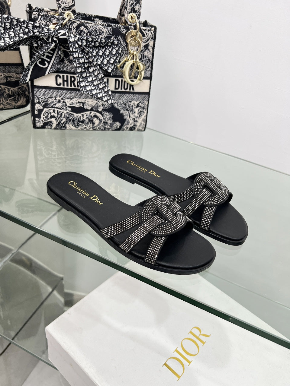 DIOR 26S D-CLUB SLIDE SANDAL IN BLACK CRYSTAL-EMBELLISHED CALFSKIN