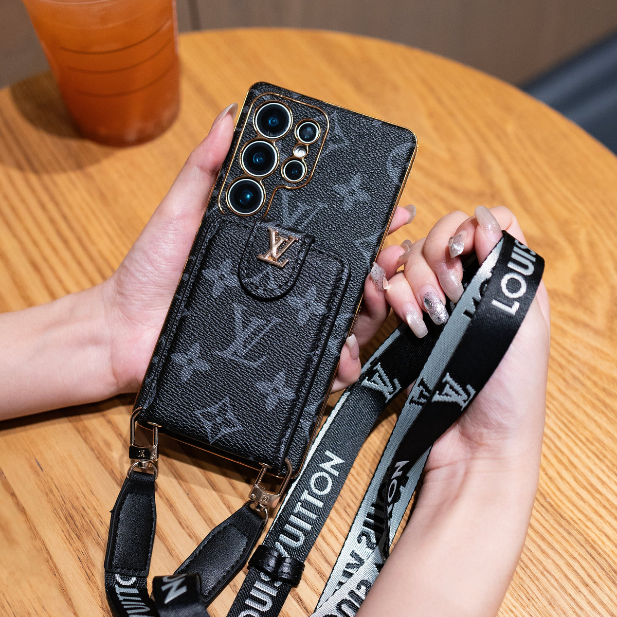 Luxury Monogram Leather Multi-Function Phone Case with Wrist Strap mysite