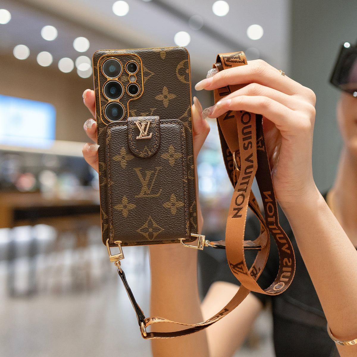 Luxury Monogram Leather Multi-Function Phone Case with Wrist Strap mysite