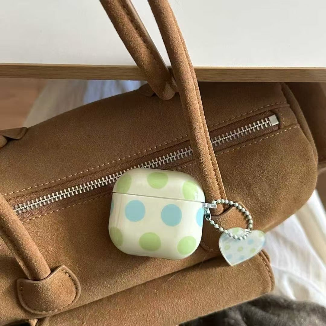 Polka Dot AirPods Case with Heart Charm – Pastel Blue & Green mysite