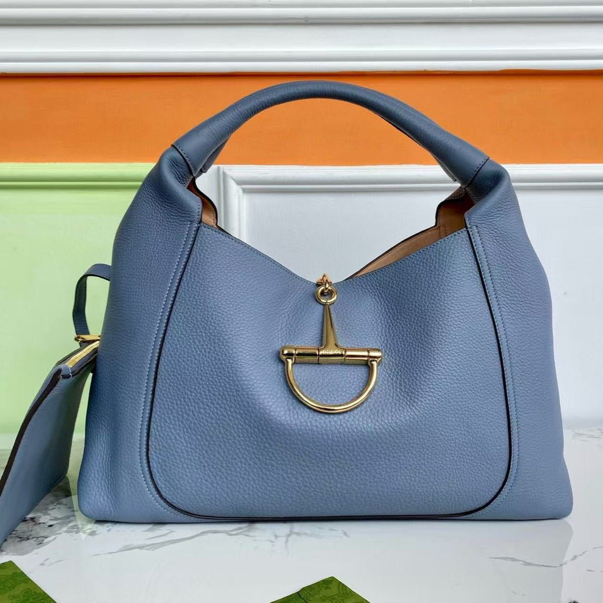 GG HORSEBIT HOBO BAG 46 IN LIGHT BLUE CALFSKIN GOLD HARDWARE