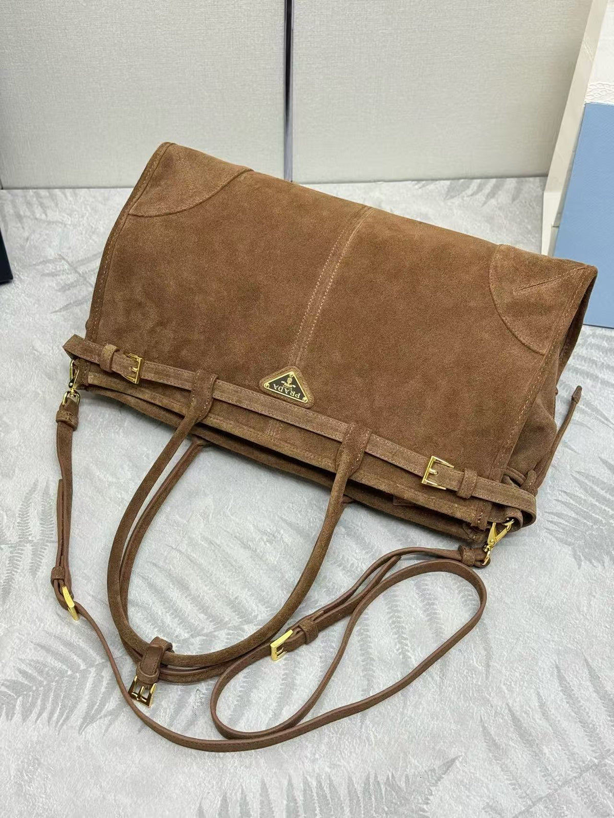 TOTE BAG WITH BELT 38 IN CHOCOLATE BROWN SUEDE GOLD HARDWARE