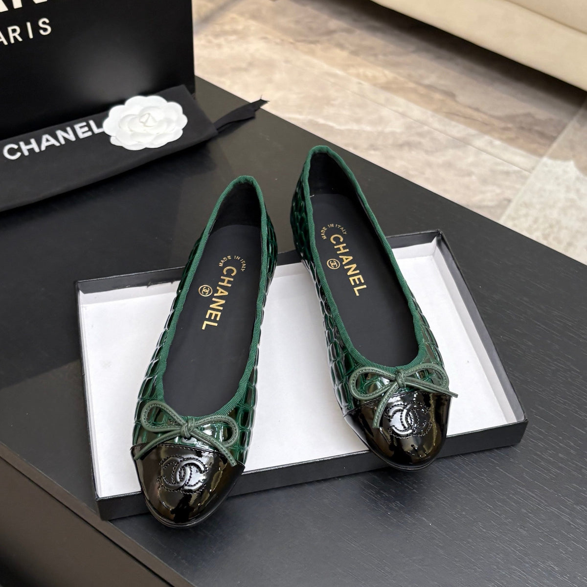 CHANEL 26S BALLET FLATS IN BLACK & GREEN PATENT LEATHER