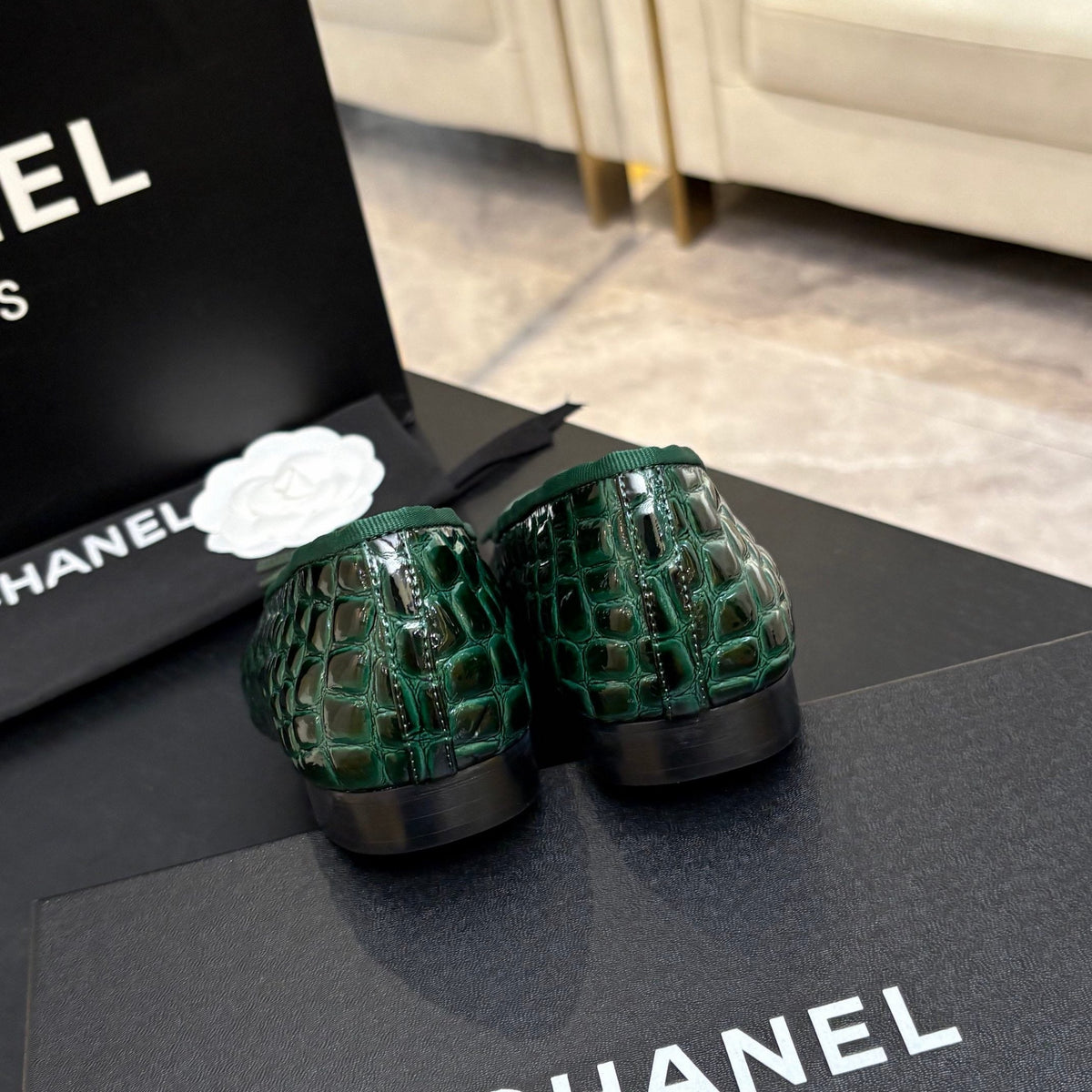 CHANEL 26S BALLET FLATS IN BLACK & GREEN PATENT LEATHER