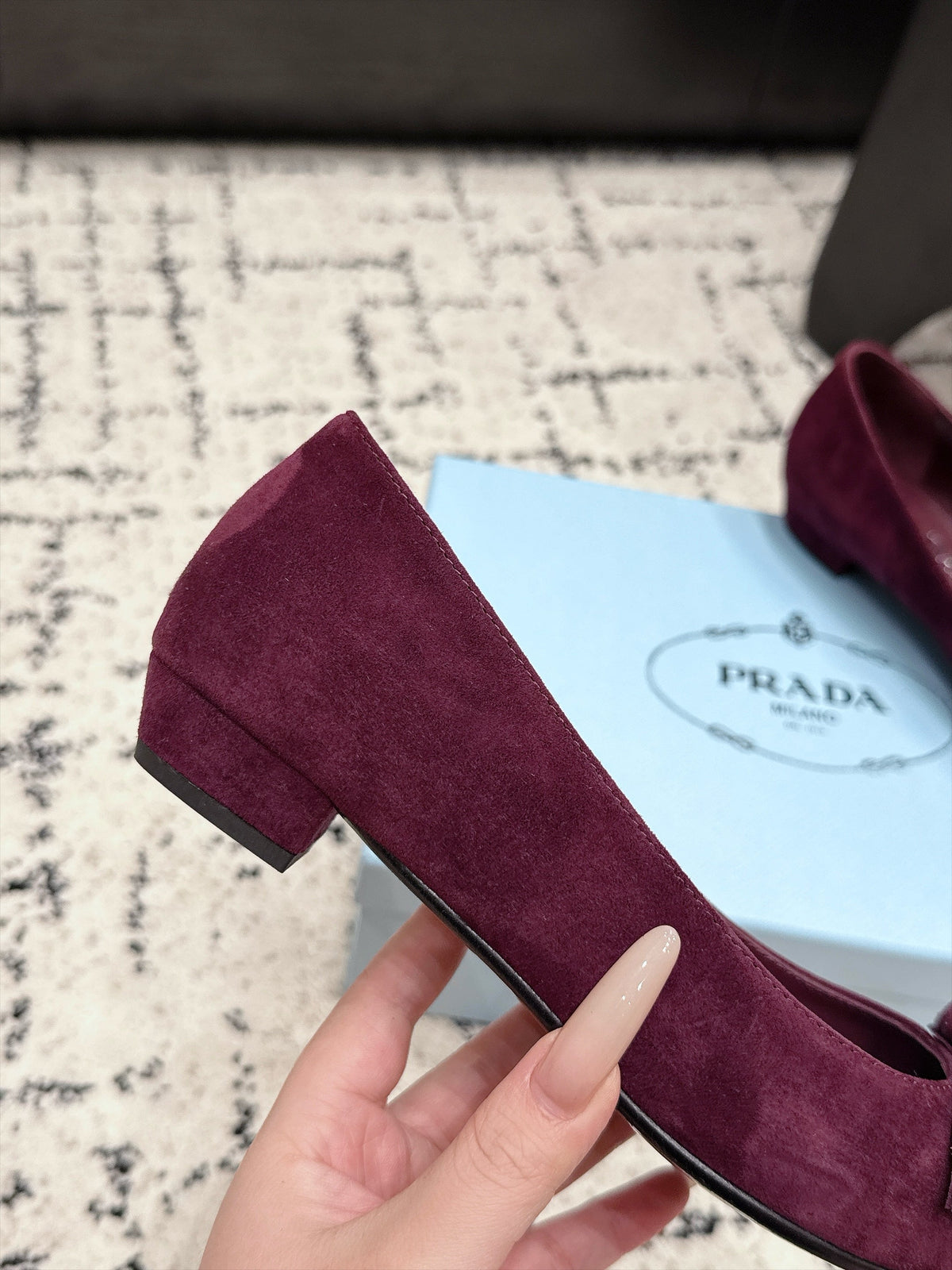 PRADA 26S POINTED-TOE BALLET IN BURGUNDY SUEDE