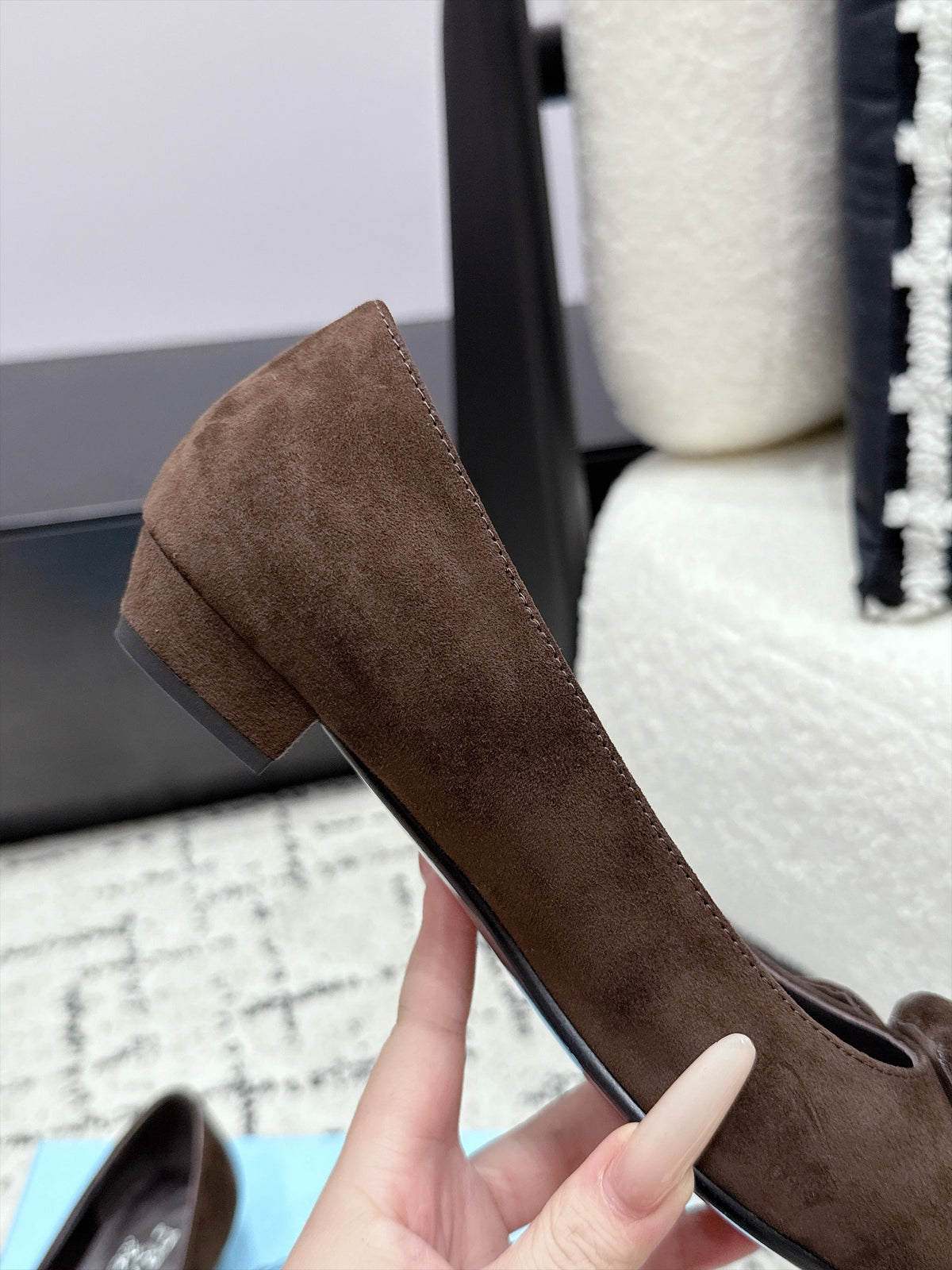 PRADA 26S POINTED-TOE BALLET IN DARK BROWN SUEDE