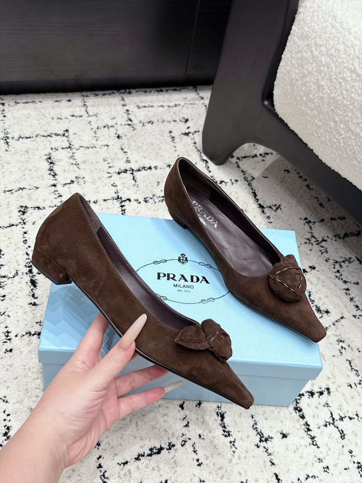 PRADA 26S POINTED-TOE BALLET IN DARK BROWN SUEDE