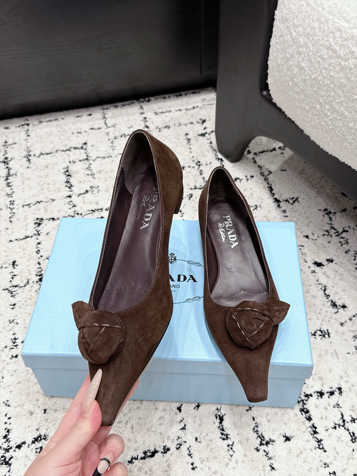 PRADA 26S POINTED-TOE BALLET IN DARK BROWN SUEDE
