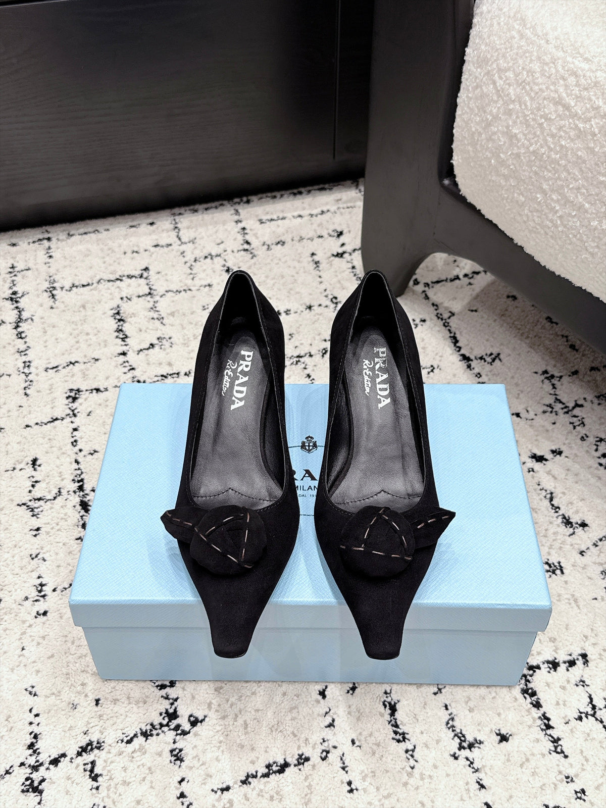 PRADA 26S HIGH HEELS 55 MM IN BLACK SUEDE