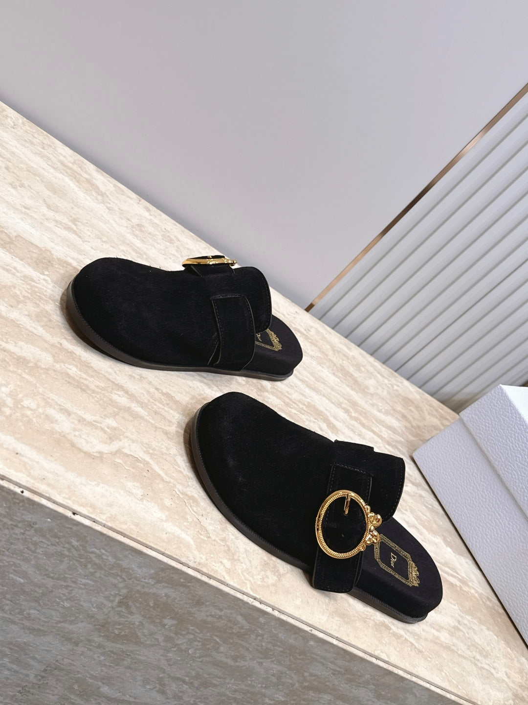 DIOR 26S BUCKLE MULE LOAFERS IN BLACK SUEDE GOLD HARDWARE