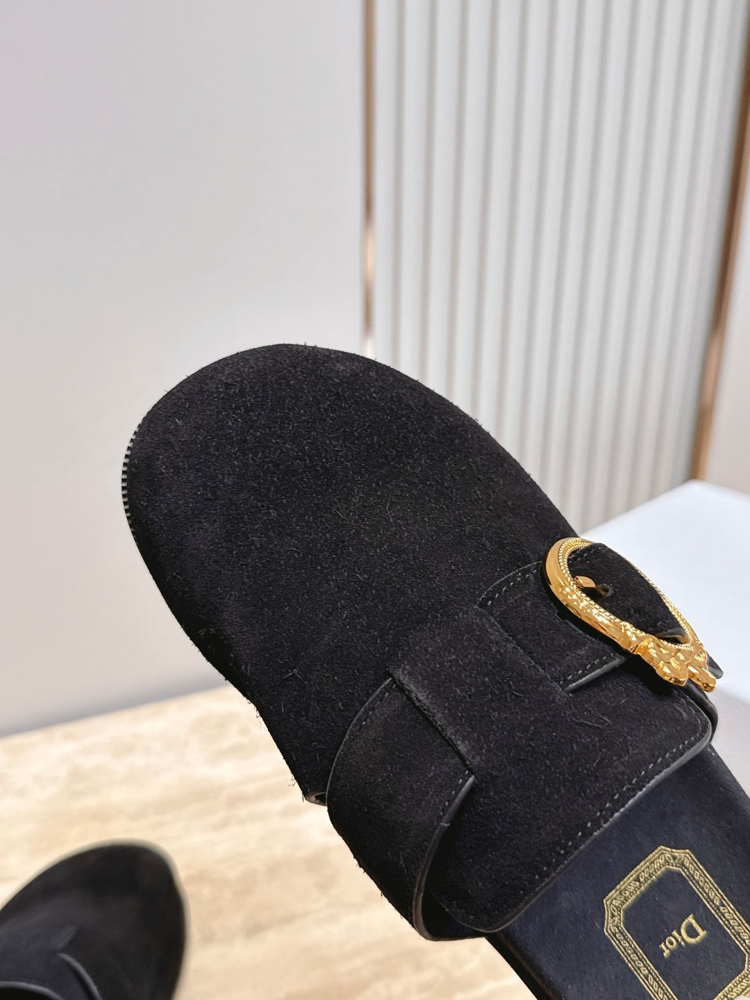 DIOR 26S BUCKLE MULE LOAFERS IN BLACK SUEDE GOLD HARDWARE
