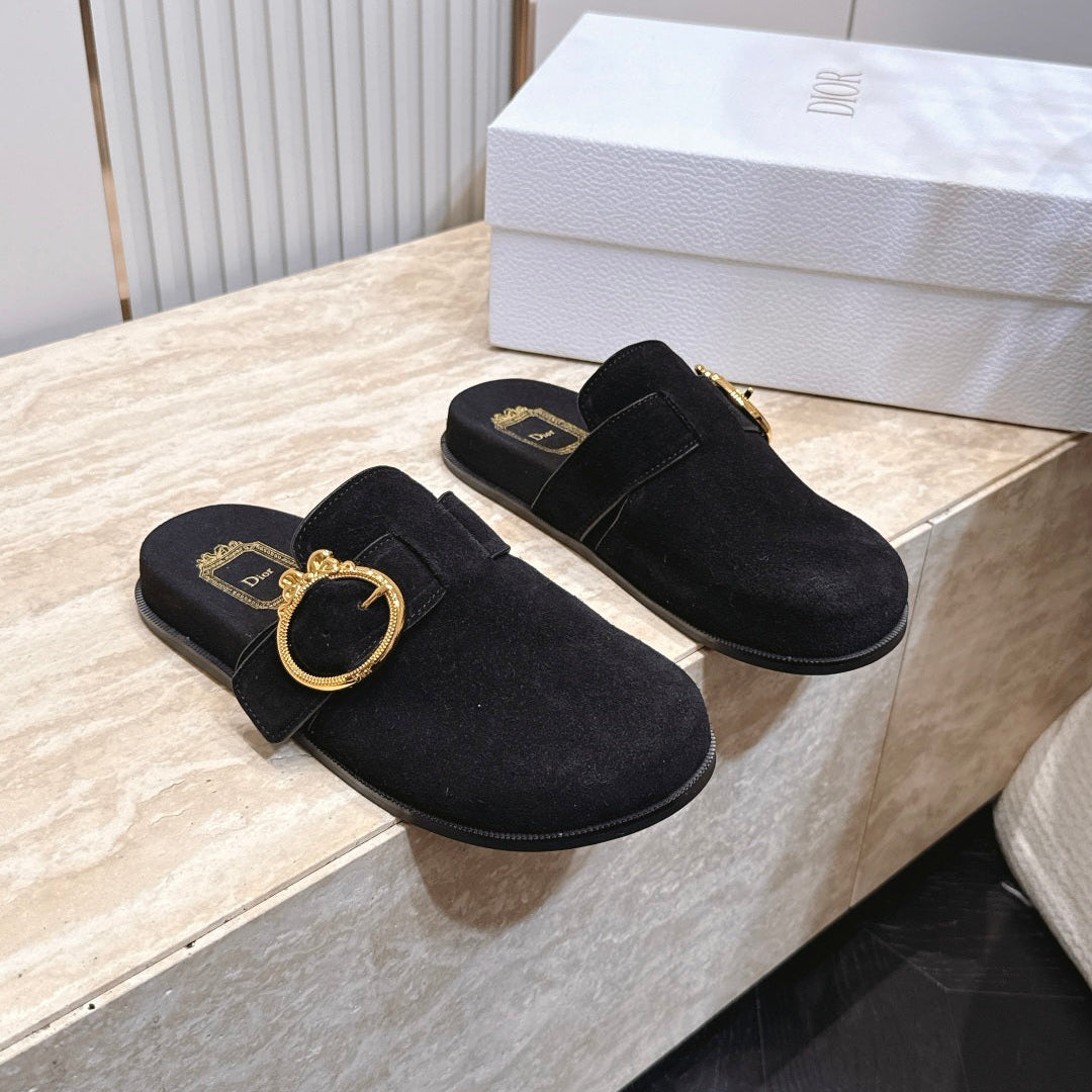 DIOR 26S BUCKLE MULE LOAFERS IN BLACK SUEDE GOLD HARDWARE