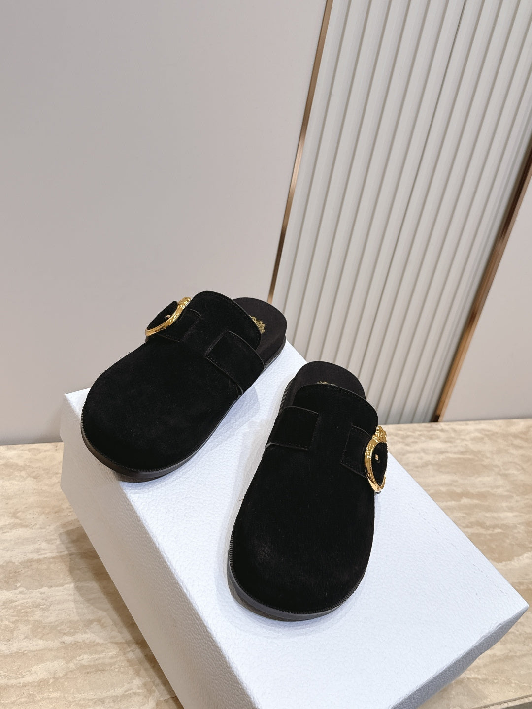 DIOR 26S BUCKLE MULE LOAFERS IN BLACK SUEDE GOLD HARDWARE