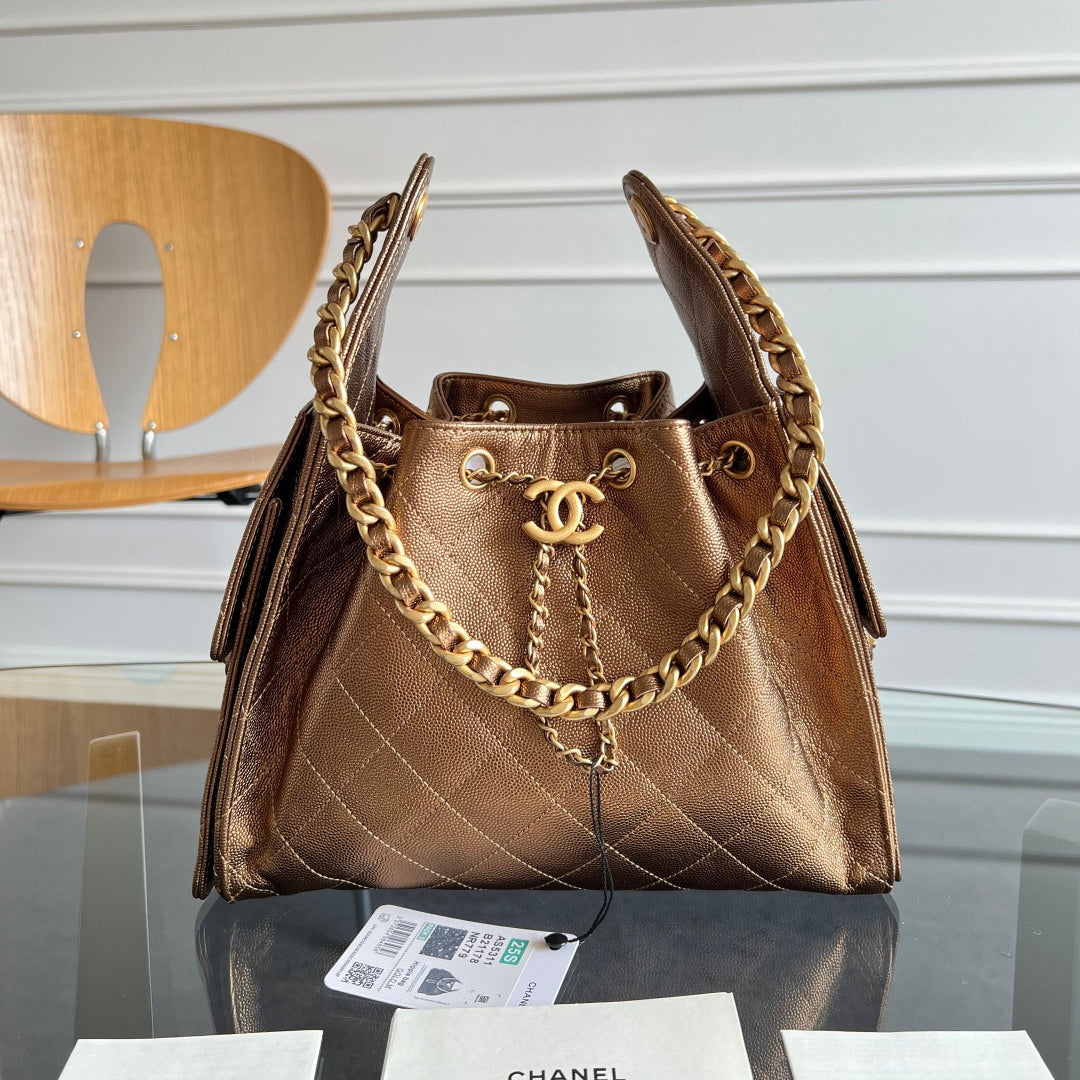 CHANEL 25S HOBO BAG 30 IN METALLIC BROWN CAVIAR WITH GOLD HARDWARE