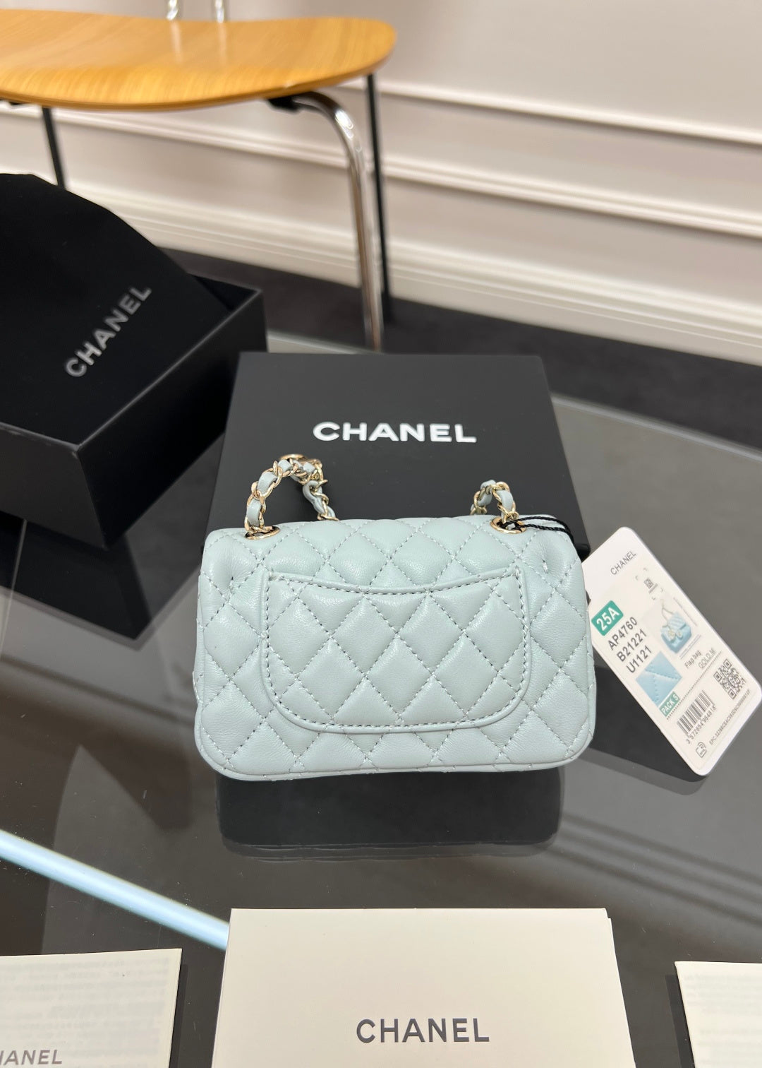 CHANEL 25S FLAP CHARM BAG 13 IN LIGHT BLUE LAMBSKIN