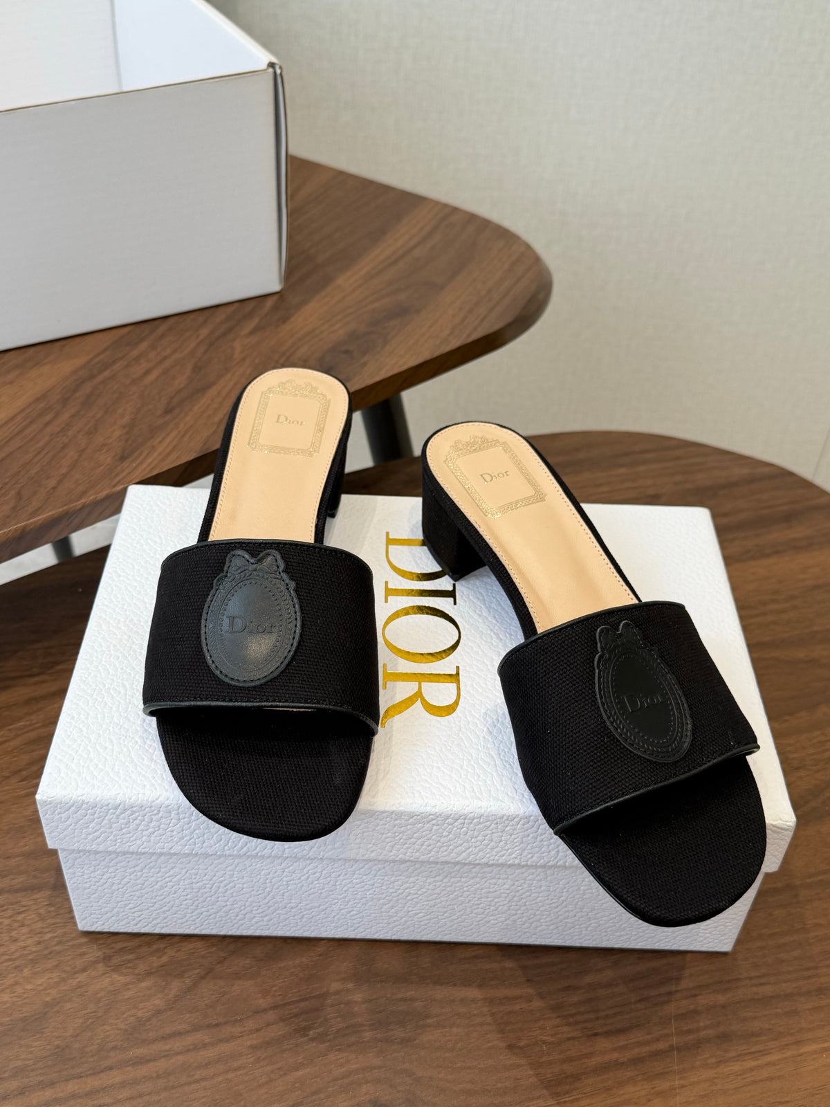 DIOR 26S D-BADGE SLIDE SANDALS IN BLACK CANVAS AND CALFSKIN