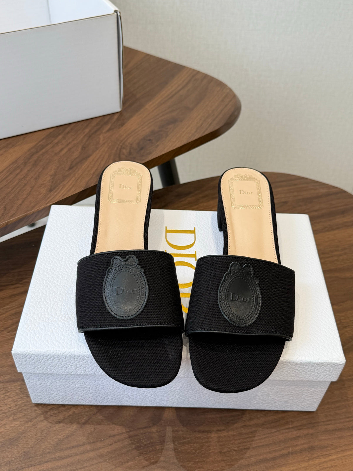 DIOR 26S D-BADGE SLIDE SANDALS IN BLACK CANVAS AND CALFSKIN