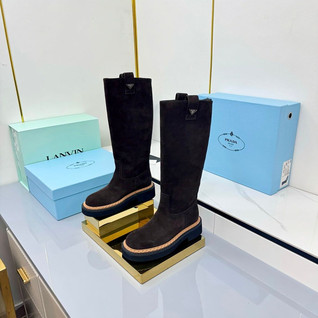 PRADA 25S HIGH BOOTS MARTIN 50MM IN DARK BROWN SUEDE WITH LOGO